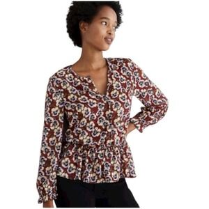 Madewell Viola Floral Peasant Blouse L Long Sleeve Top Tie Waist V Neck Ruffle